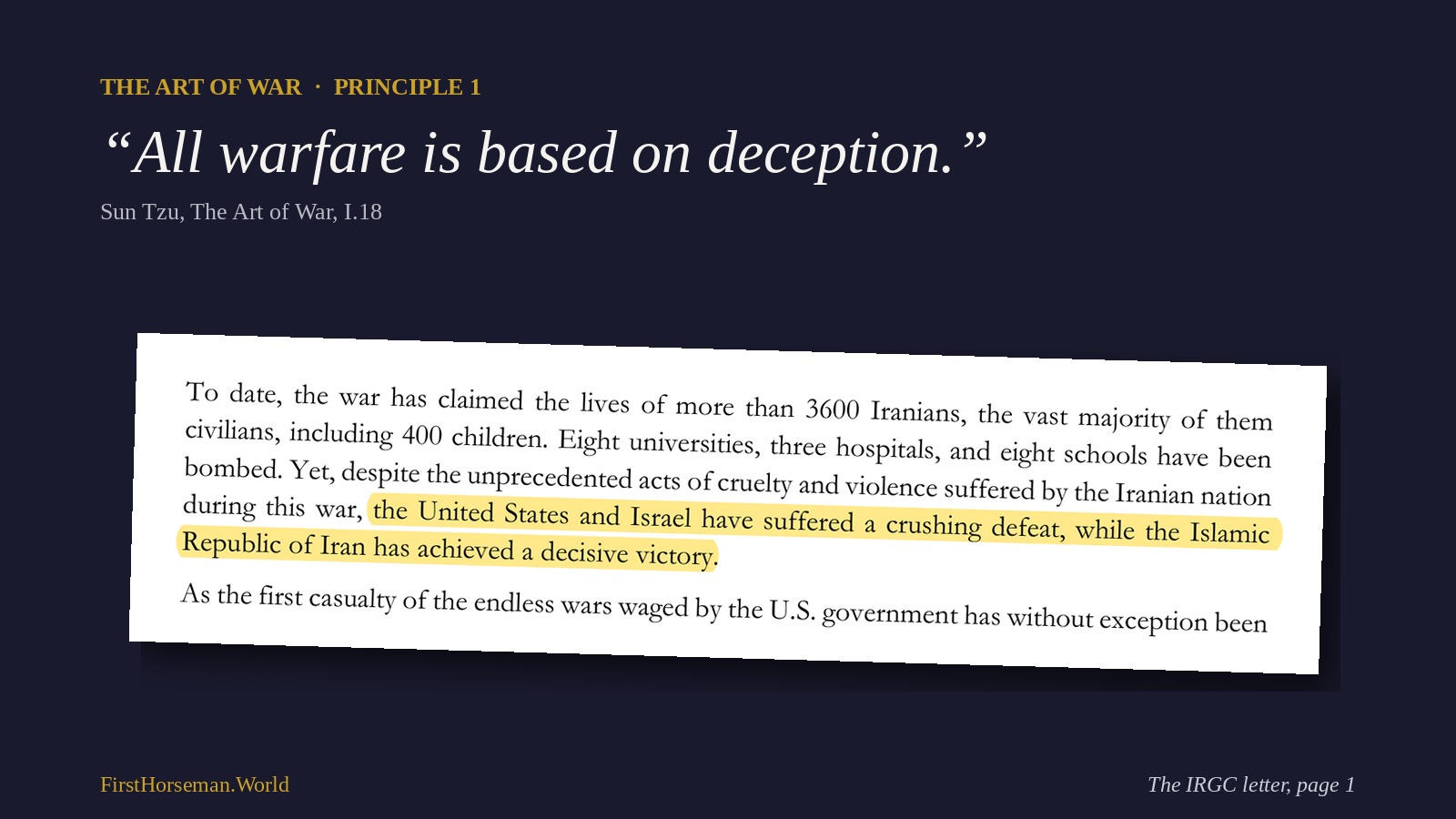 Sun Tzu: All warfare is based on deception, beside a highlighted passage from page 1 of the IRGC letter