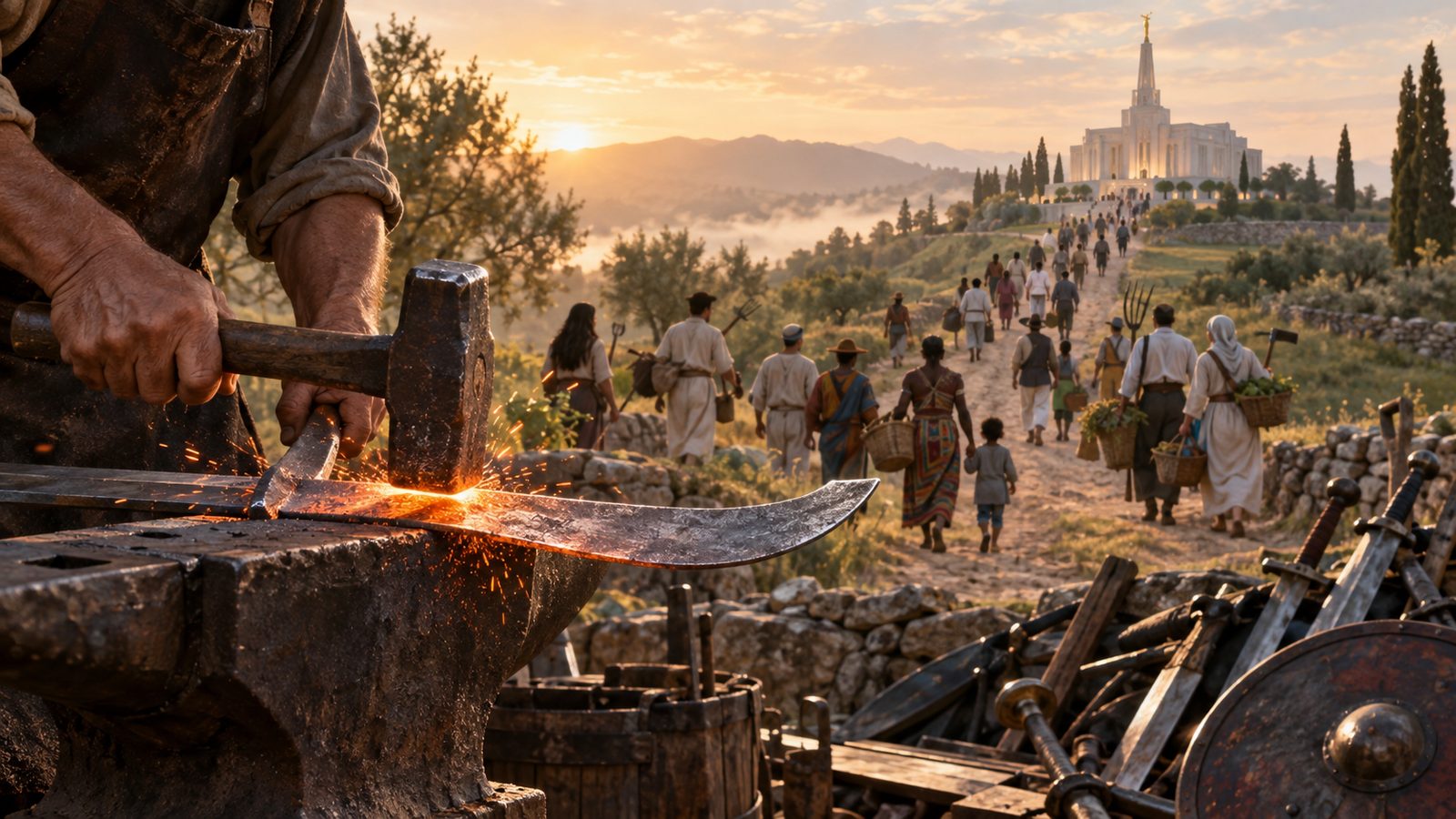 A blacksmith hammering a sword into a plowshare at dawn while people of many nations walk a road toward a temple on the hill