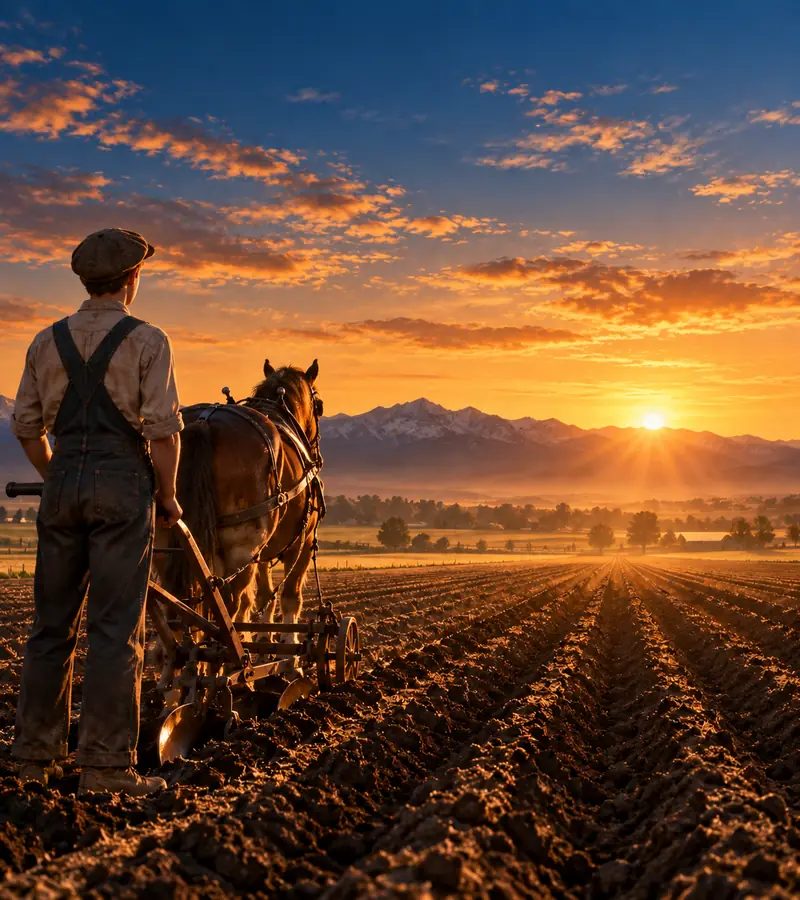 A farm boy with a horse-drawn plow at sunrise in a freshly plowed field
