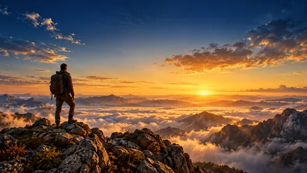 A lone man standing on a mountain summit above the clouds at dawn