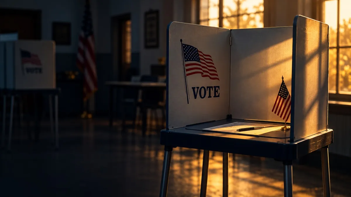 An empty voting booth with a small American flag in late-afternoon light