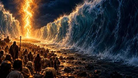 Israel crossing the parted Red Sea at night behind a pillar of fire